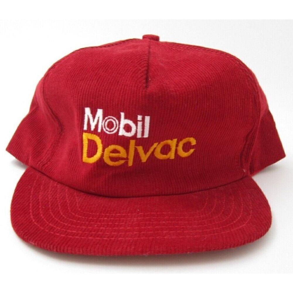 Vtg Men Mobil‎ Delvac Corduroy Snapback Adjustable Trucker Red Hat (Made in USA)